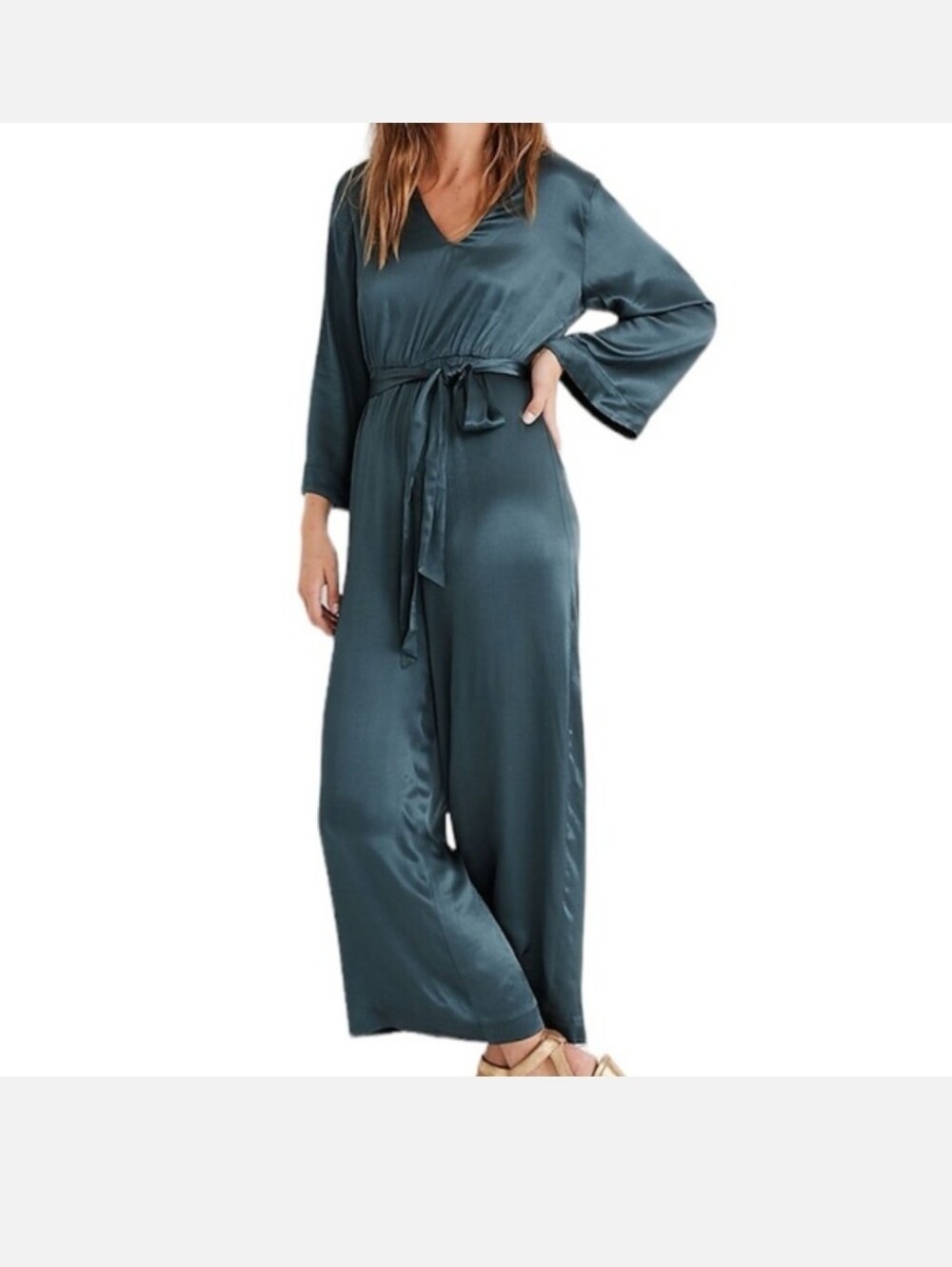 MADEWELL Satin V-Neck Belted Jumpsuit in Teal